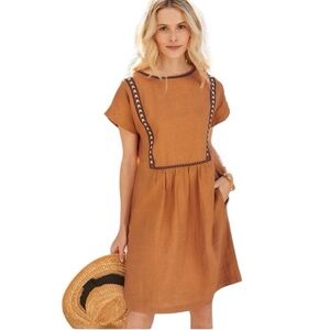 Garnet Hill Seamed Linen Embroidered Tunic Popover Dress Mustard Yellow